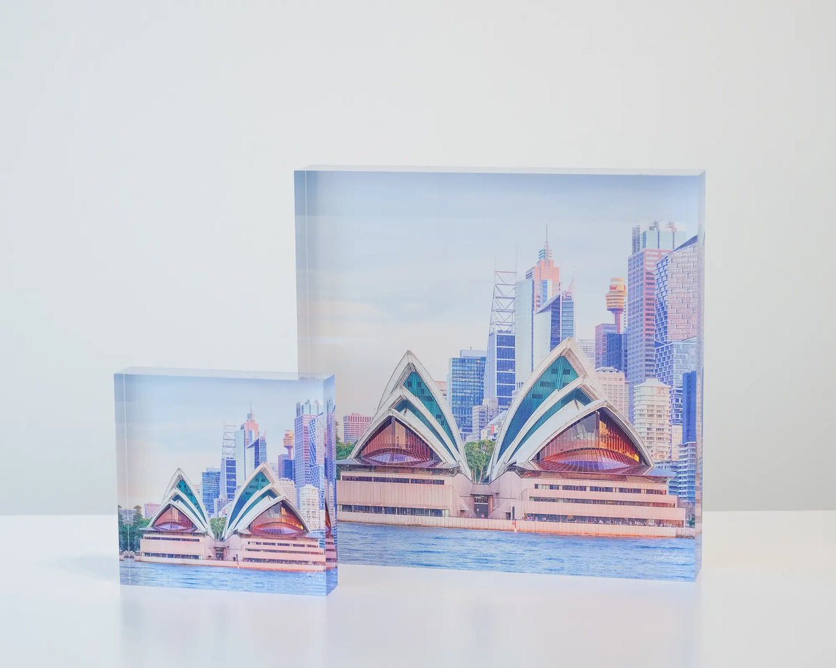 Sydney Views. Sunset over Sydney Opera House, 10cm and 19cm acrylic blocks.