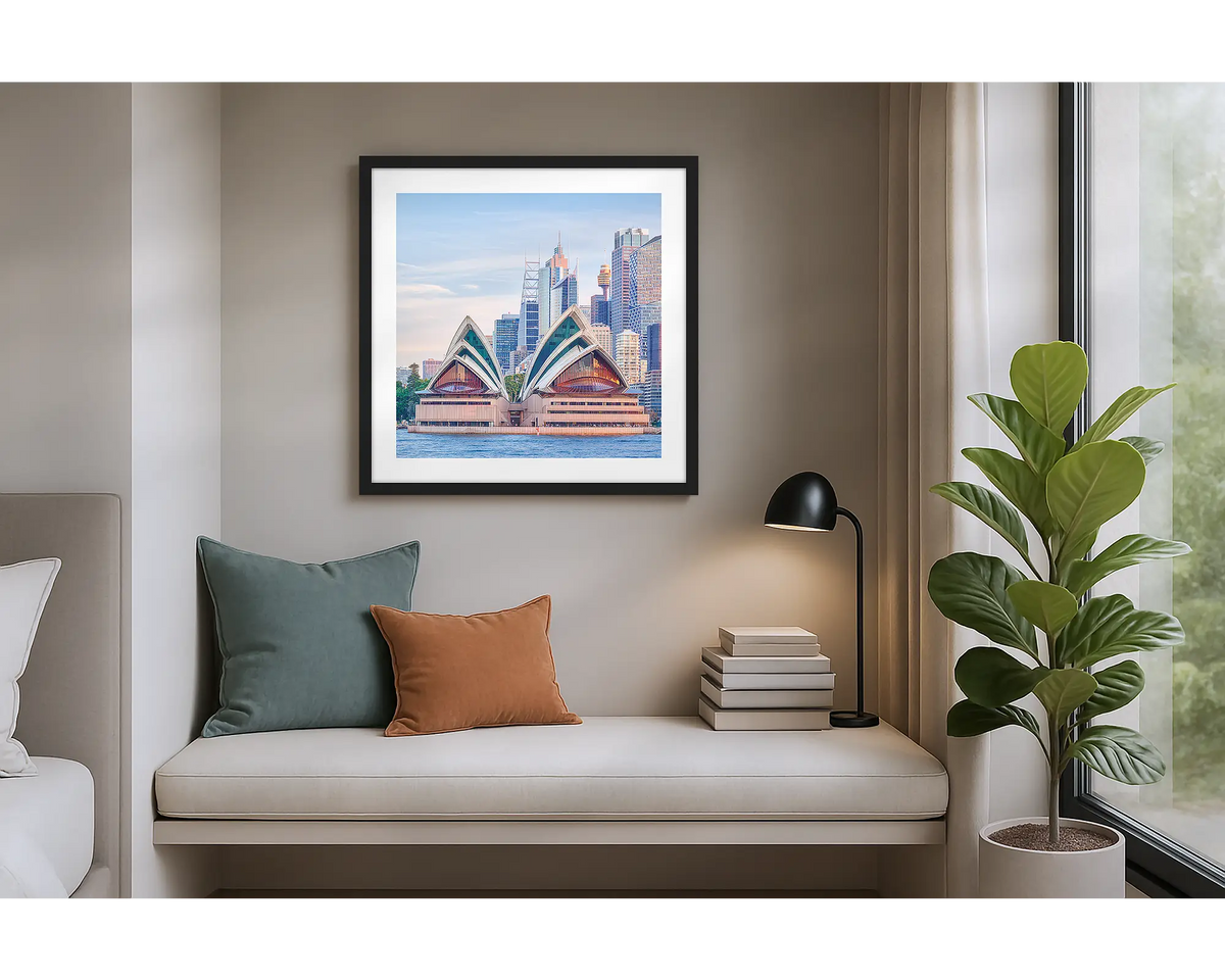 Sydney Views. Wall art print of Sydney Opera House with a black frame, hung in an apartment. 