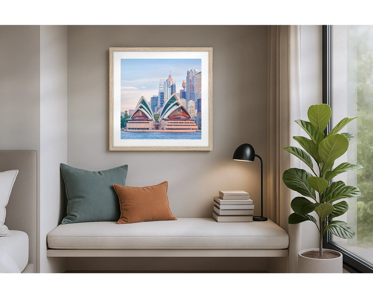 Sydney Views. Wall art print of Sydney Opera House with a Tassie Oak frame, hung in an apartment. 