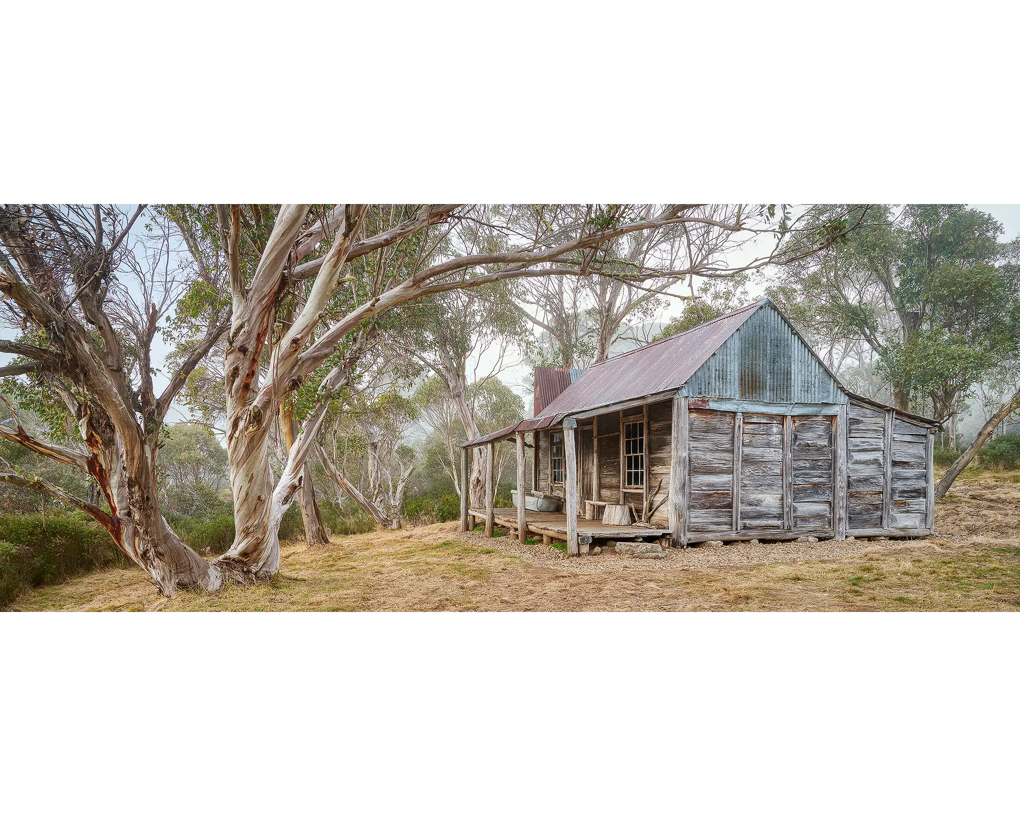 Tales of the Stockman. Wheelers Hut with fog, Kosciuszko National Park.