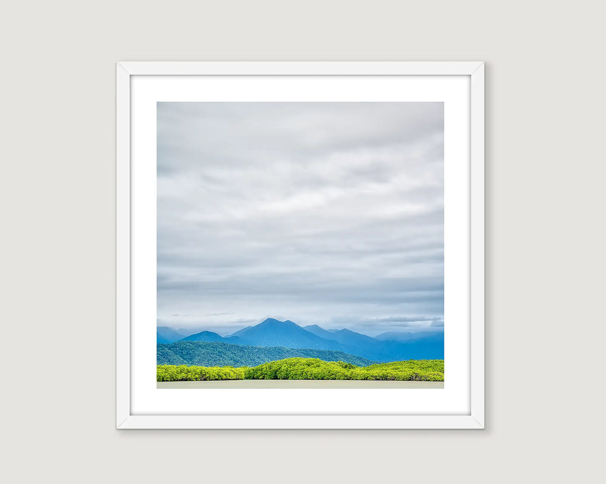 Framed photograph of a mountain landscape with greenery and blue sky in Lewis National Park.