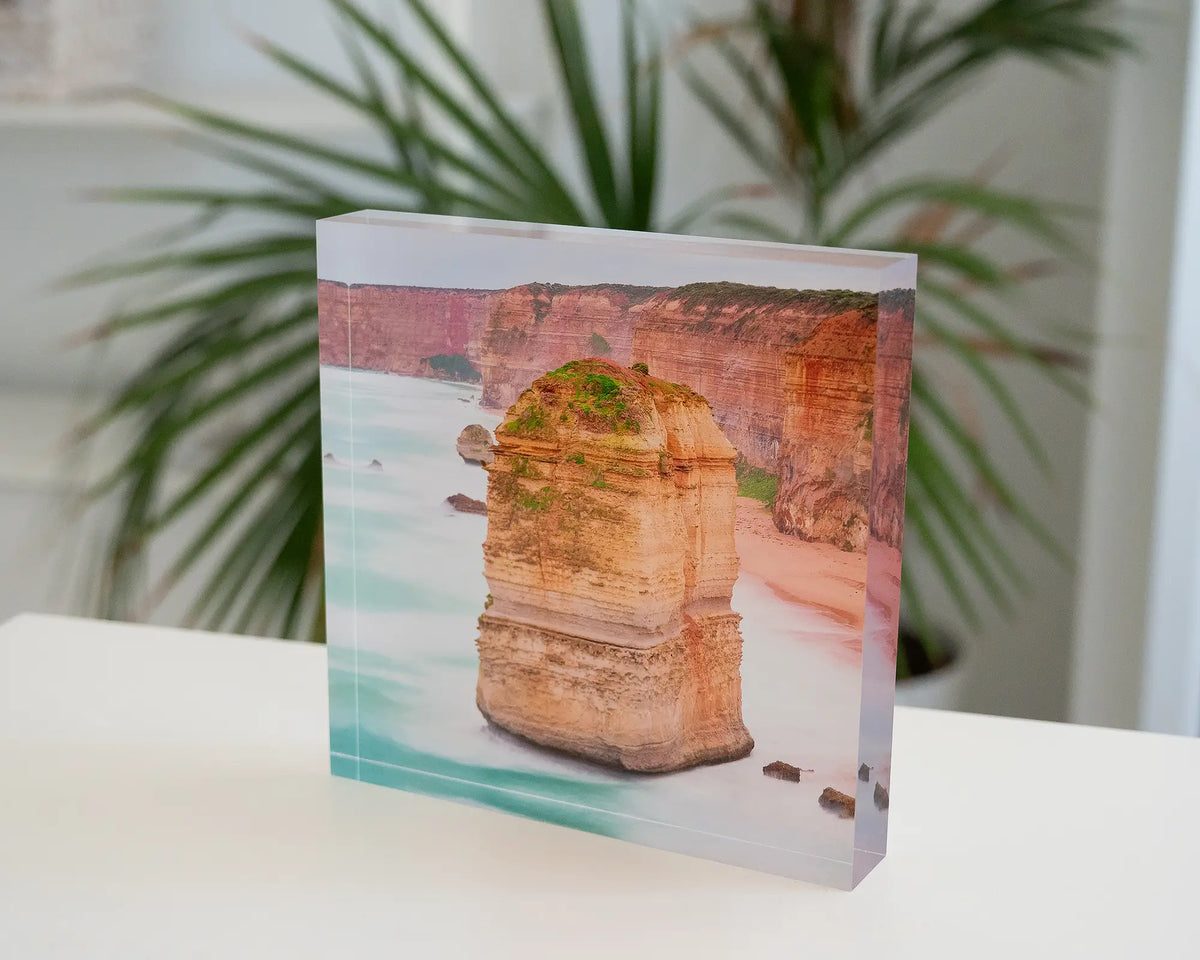 The Apostle. Acrylic block Twelve Apostles, Great Ocean Road, Victoria, styled in coastal home.