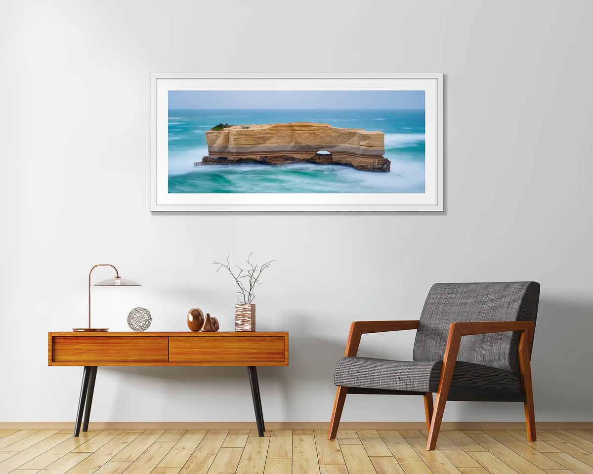 The Bakers Oven. White framed wall art print hung in a home entrance. 