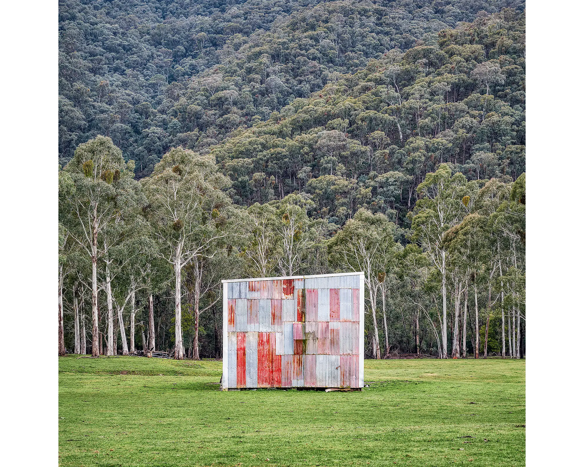 The Box. Farm shed in paddock, Alpine Shire, Victoria.