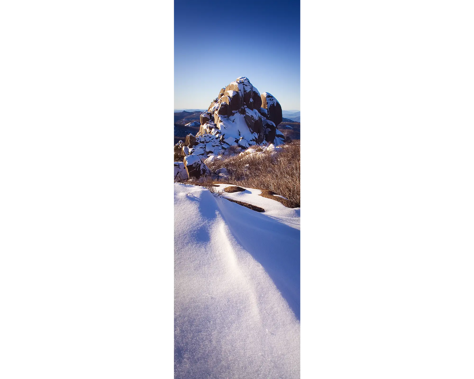 The Cathedral covered in snow at Mount BUffalo National Park, Victoria, Australia.