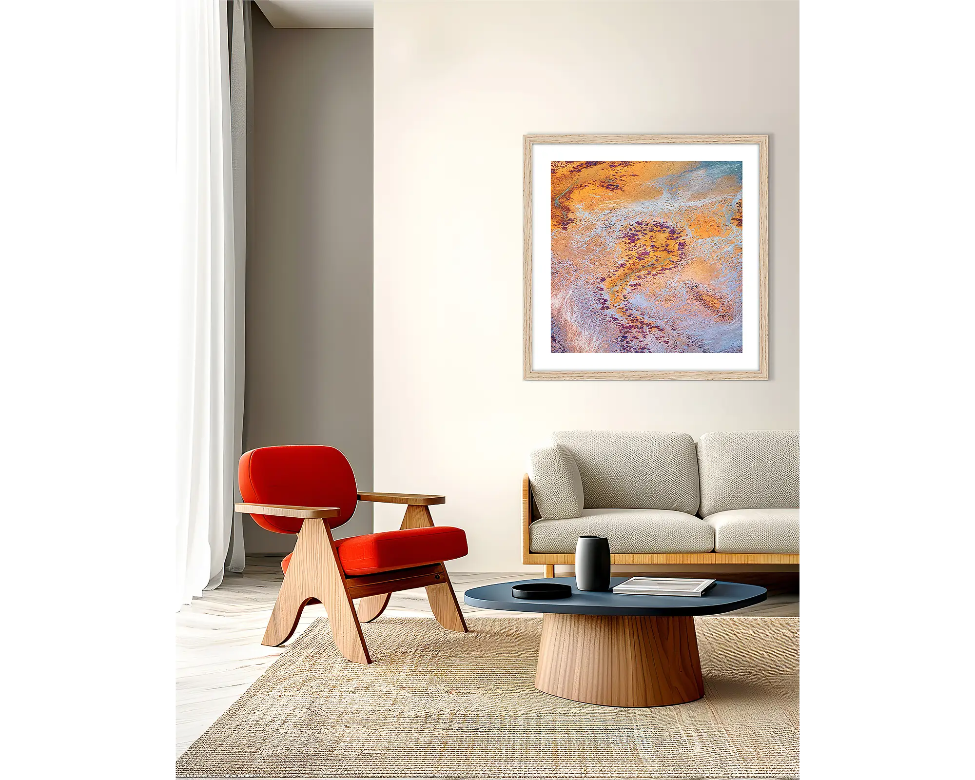 The Chase. Abstract Kimberley wall art print, with a wood frame, on a lounge room wall. 