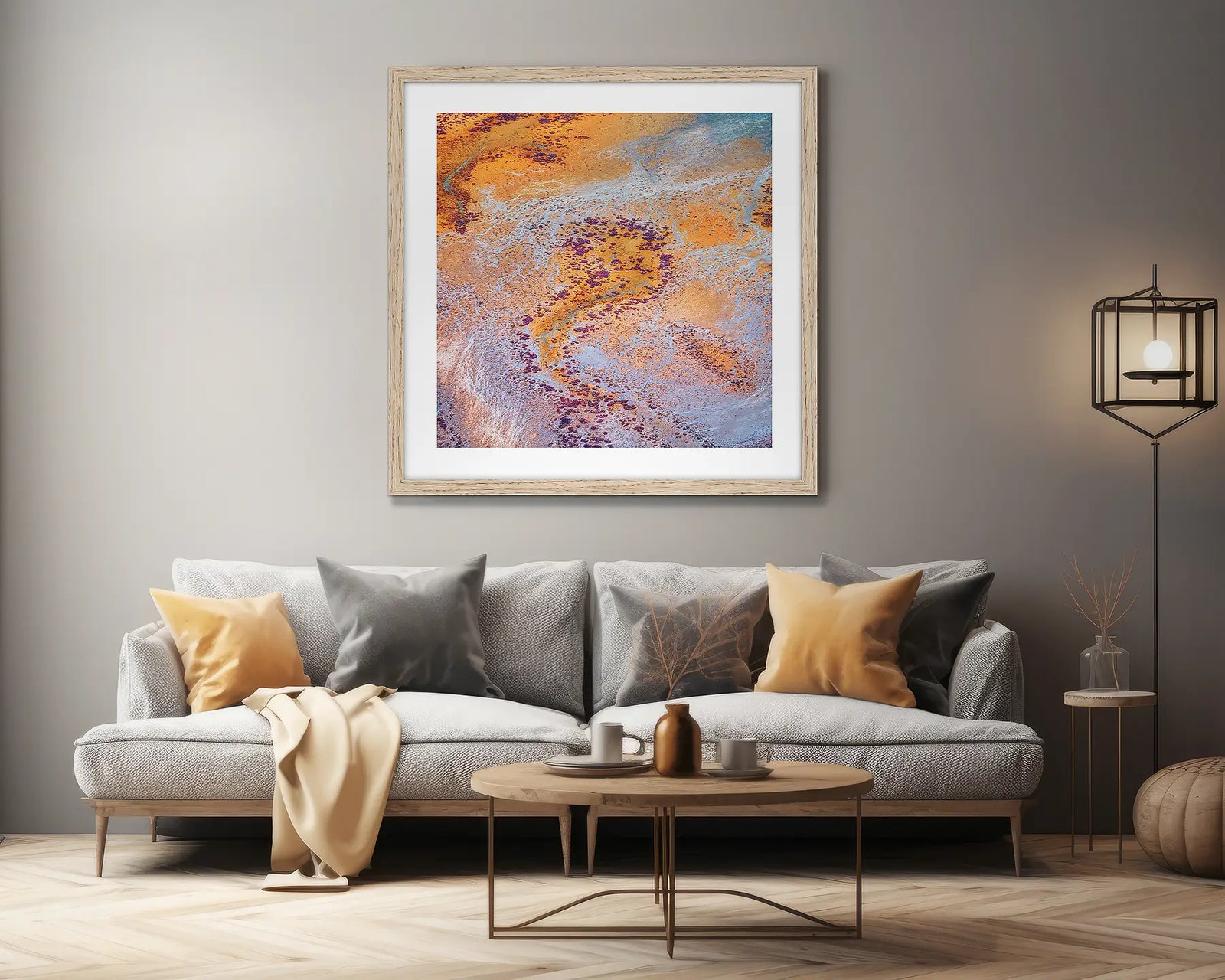 Framed abstract art print with orange, purple, and blue colors on a white background.