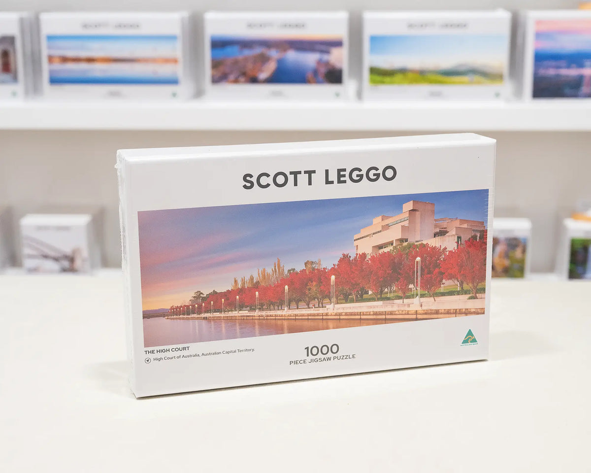 The High Court. 1000 piece Canberra jigsaw puzzle, on gallery desk with more puzzles behind.