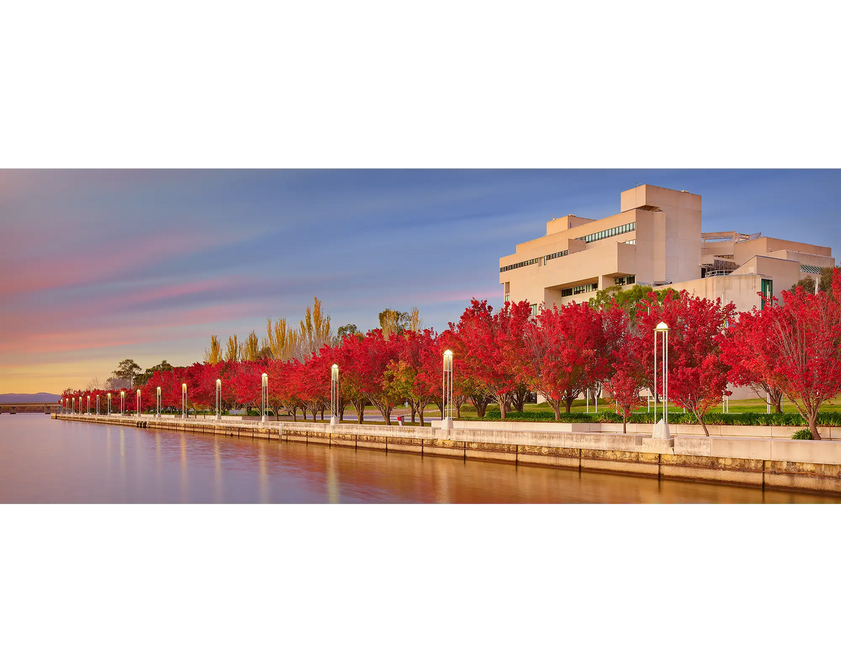 The High COurt - autumn sunrise with red trees, Canberra.