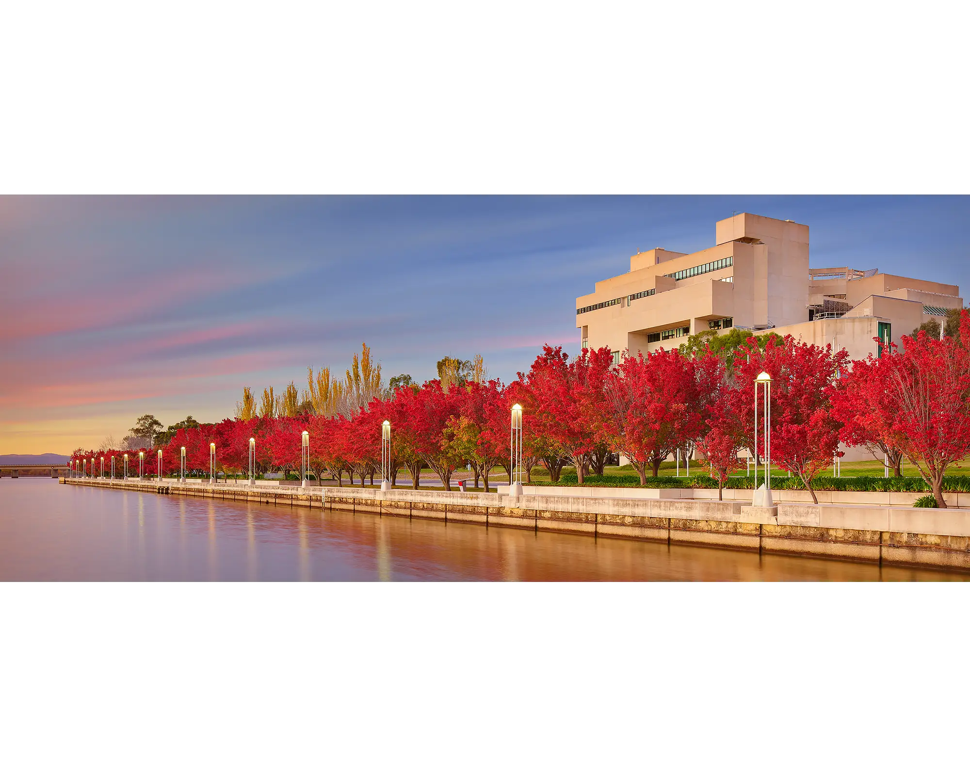 The High Court - autumn sunrise with red trees, Canberra.