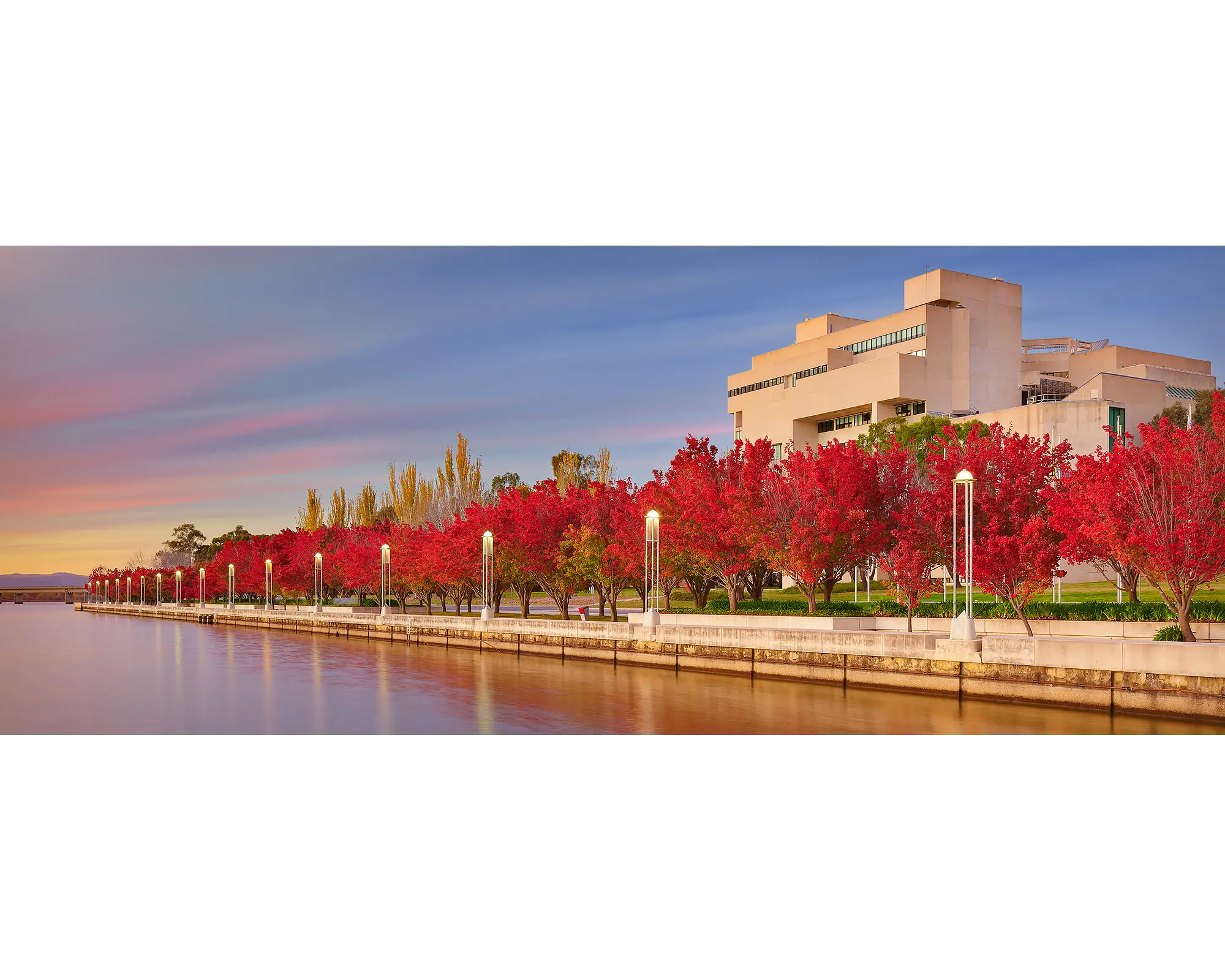 The High COurt - autumn sunrise with red trees, Canberra.