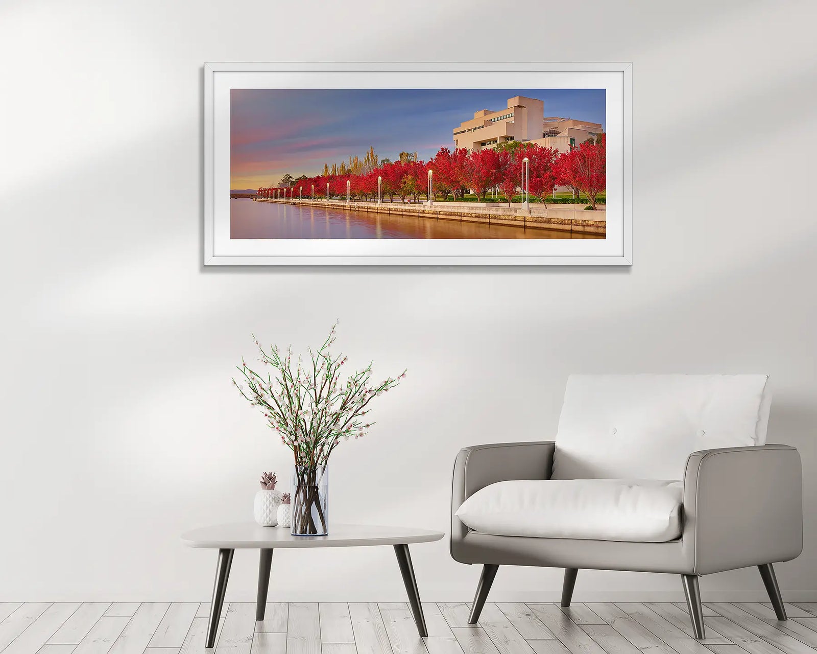 Framed panoramic photo of a The High Court of Australia with red trees and Lake Burley Griffin.