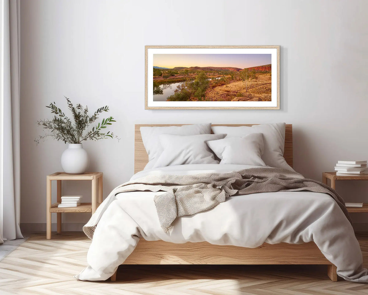 The Long Continuum. Timber framed, outback wall art print, in a scandi-themed bedroom.