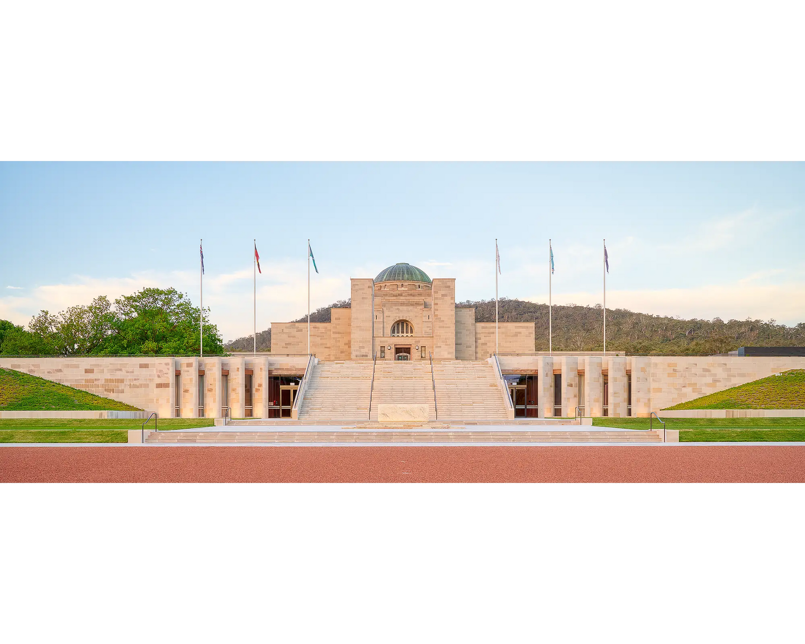 The Memorial. Australian War Memorial main entrance at sunset, Canberra.
