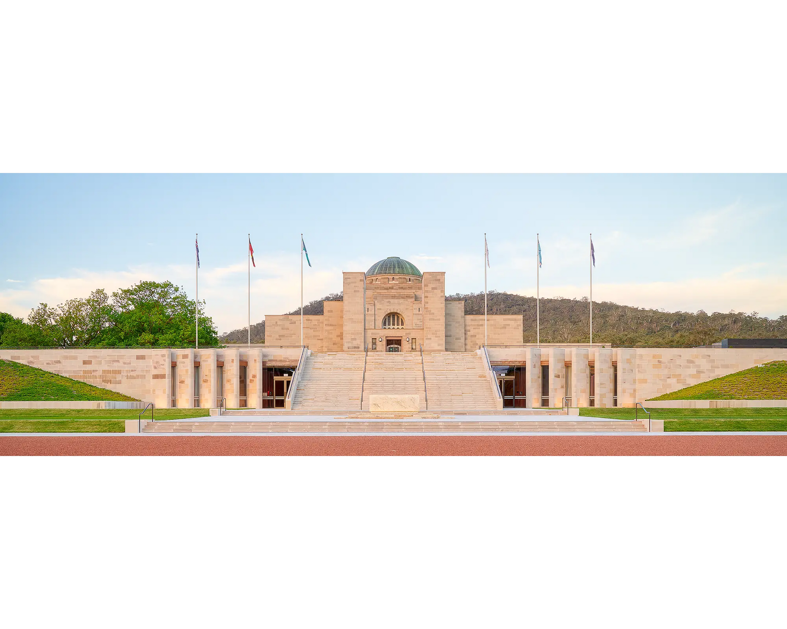 The Memorial. Australian War Memorial main entrance at sunset, Canberra.