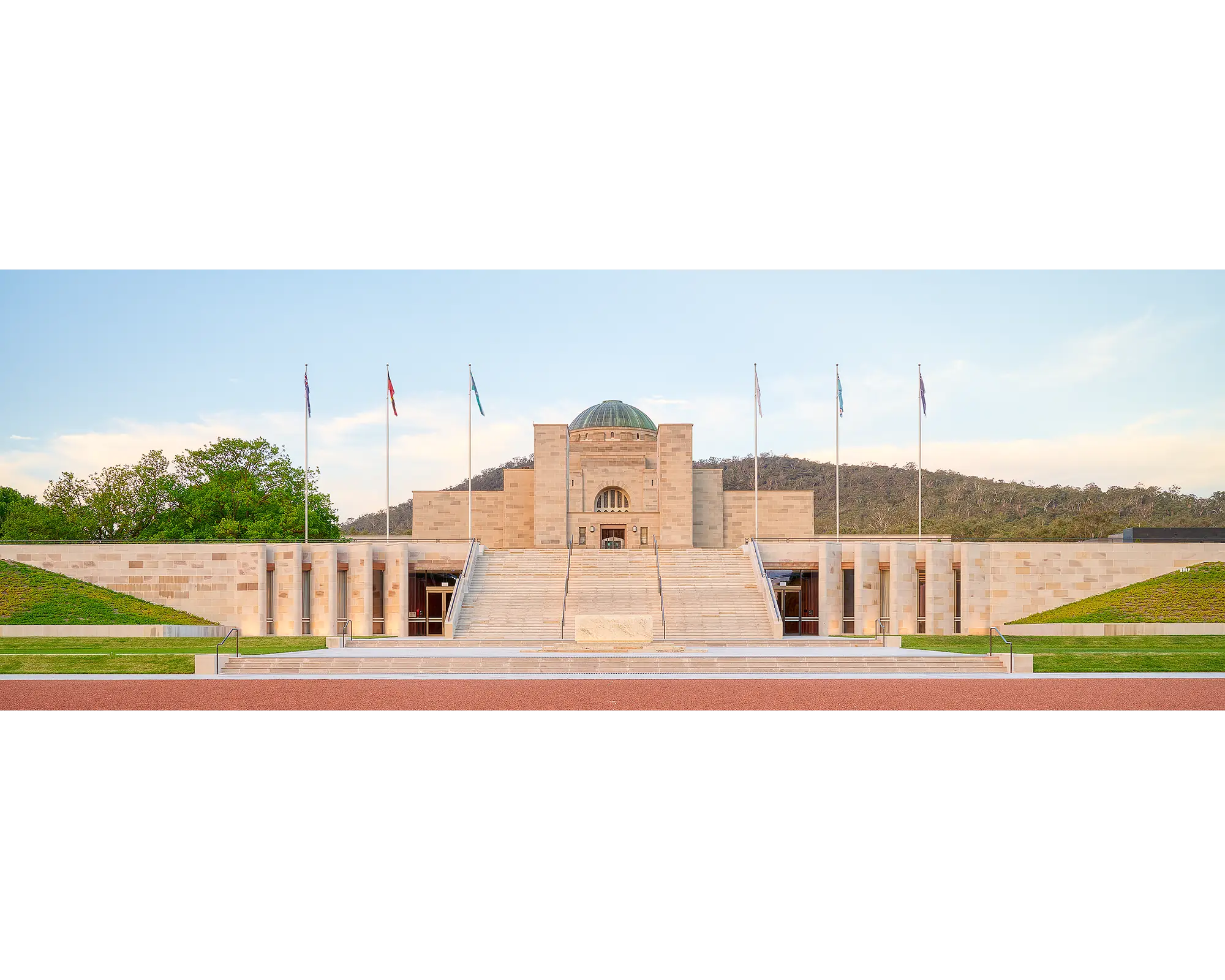 The Memorial. Australian War Memorial main entrance at sunset, Canberra.