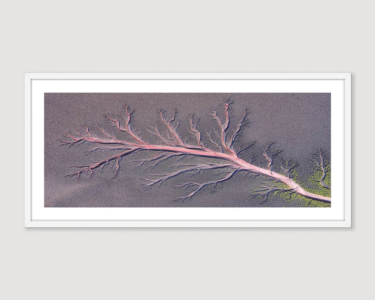 Framed abstract artwork of a river delta on a textured background.