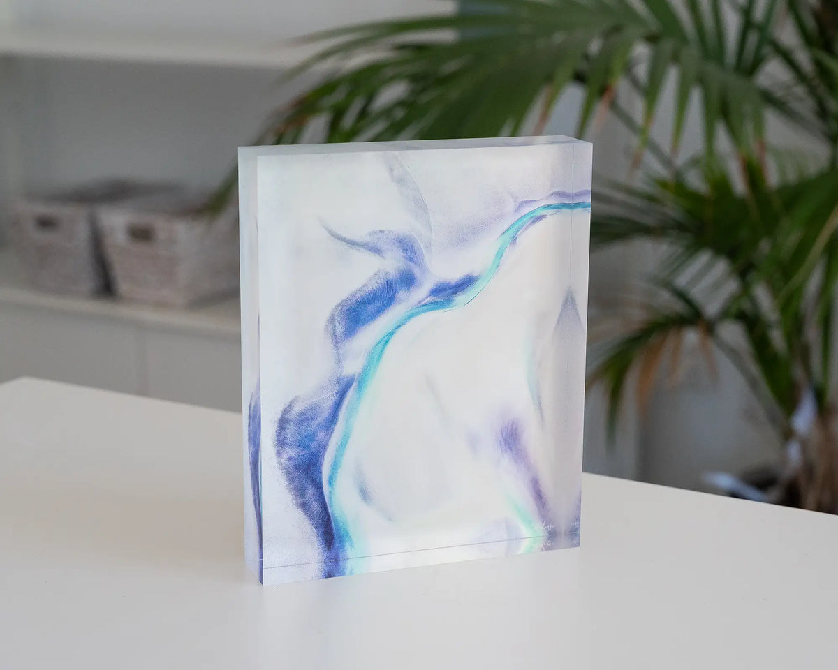 Tidal Orchid. Acrylic block abstract aerial artwork Roebuck Bay, Western Australia, styled in a coastal home.