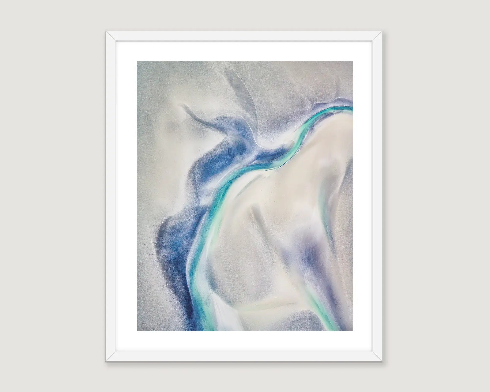 Framed abstract art print with blue and white colours on a light grey background.