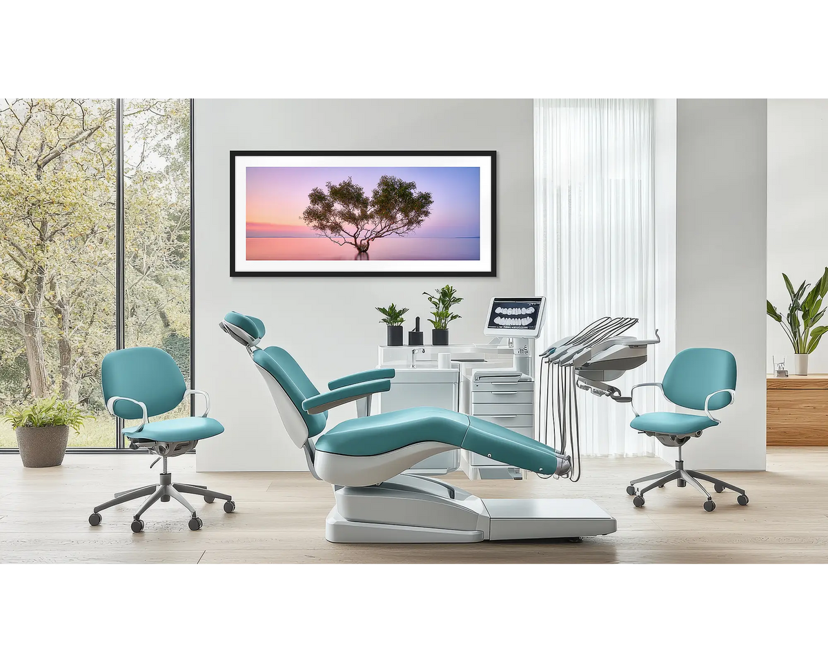 Tidal Tranquility. Fraser Island wall art print in a black frame hung in a dentist surgery. 