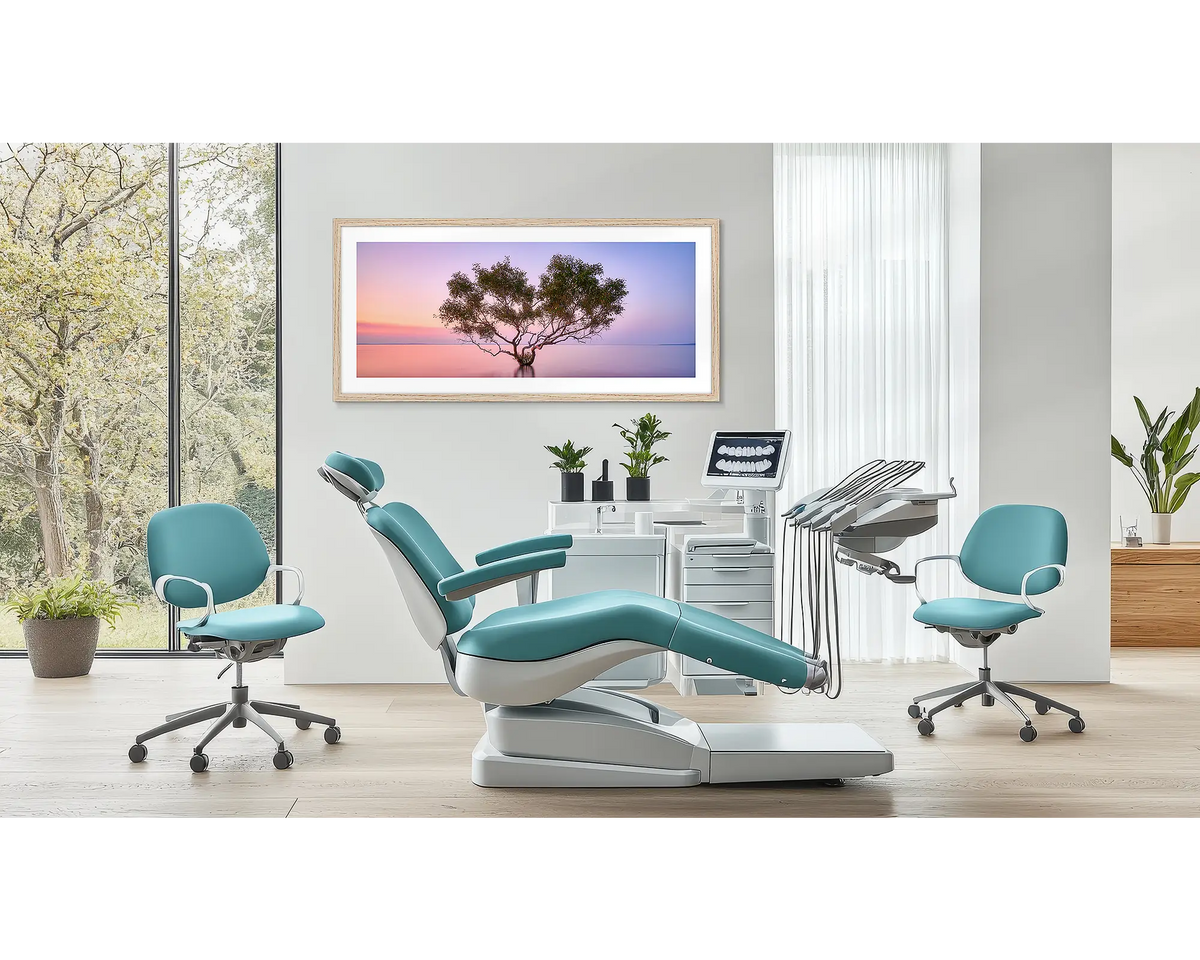 Tidal Tranquility. Fraser Island wall art print in a timber frame hung in a dentist surgery. 