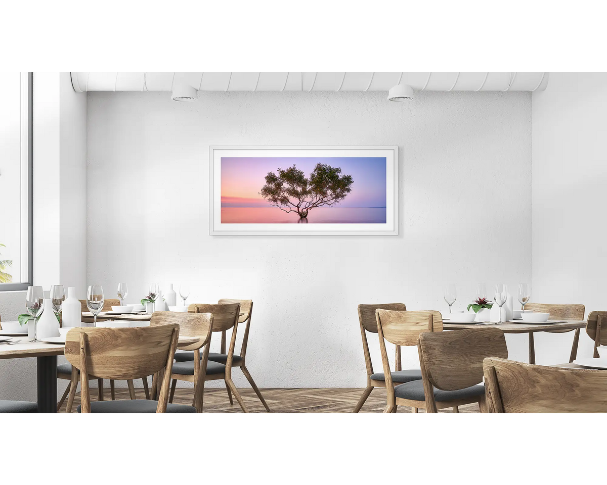 Tidal Tranquility. Fraser Island wall art print in a white frame hung in a cafe.