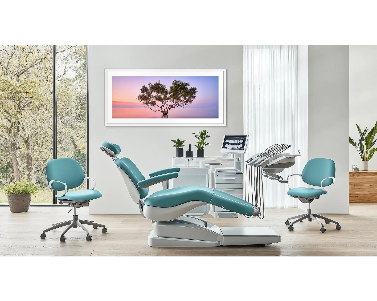 Tidal Tranquility. Fraser Island wall art print in a white frame hung in a dentist surgery. 