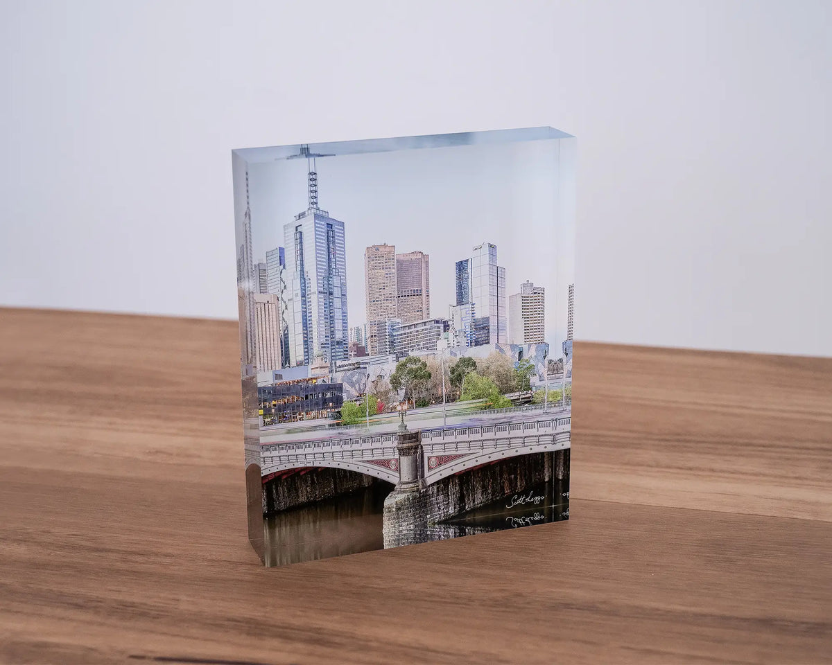 Top End. Acrylic block Melbourne artwork sitting on a desk.