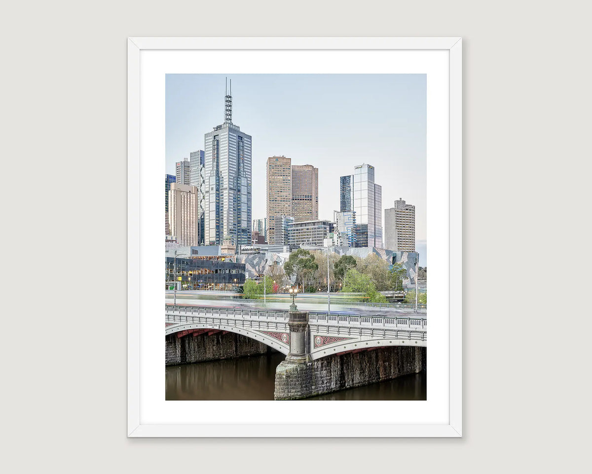 Framed photograph of a cityscape with a bridge and river in Melbourne.