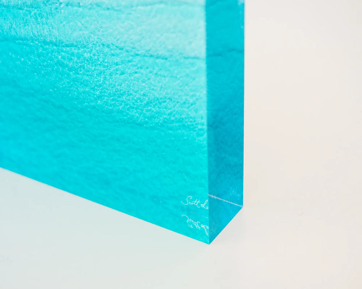 Tranquility. Acrylic block of Whitehaven Beach, Queensland, corner close-up details.