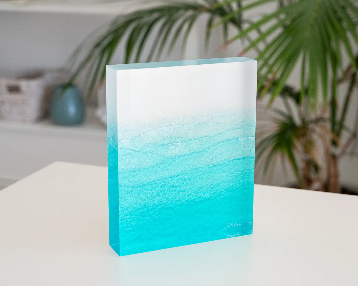 Tranquility. Acrylic block of Whitehaven Beach, Queensland, styled in a coastal home.