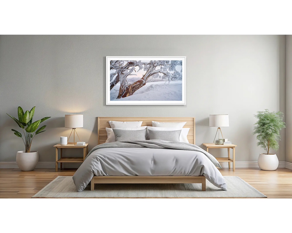 Tree LIne. Wall art print of a snow gum in snow with ice, at sunset, framed in a white frame, and hung above a bed.