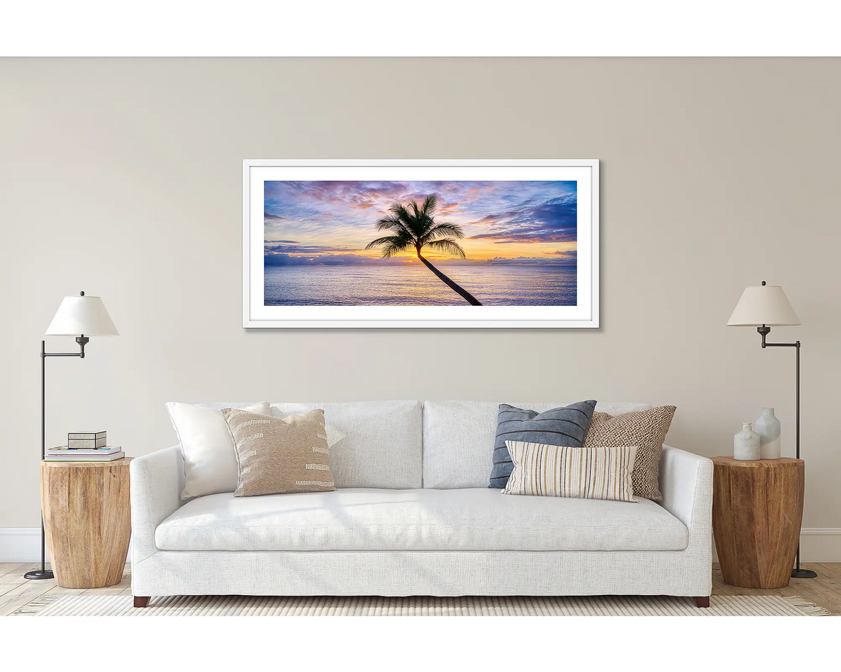Tropical Icon. Cairns palm tree at sunrise, framed in a white frame, and hung above a couch.