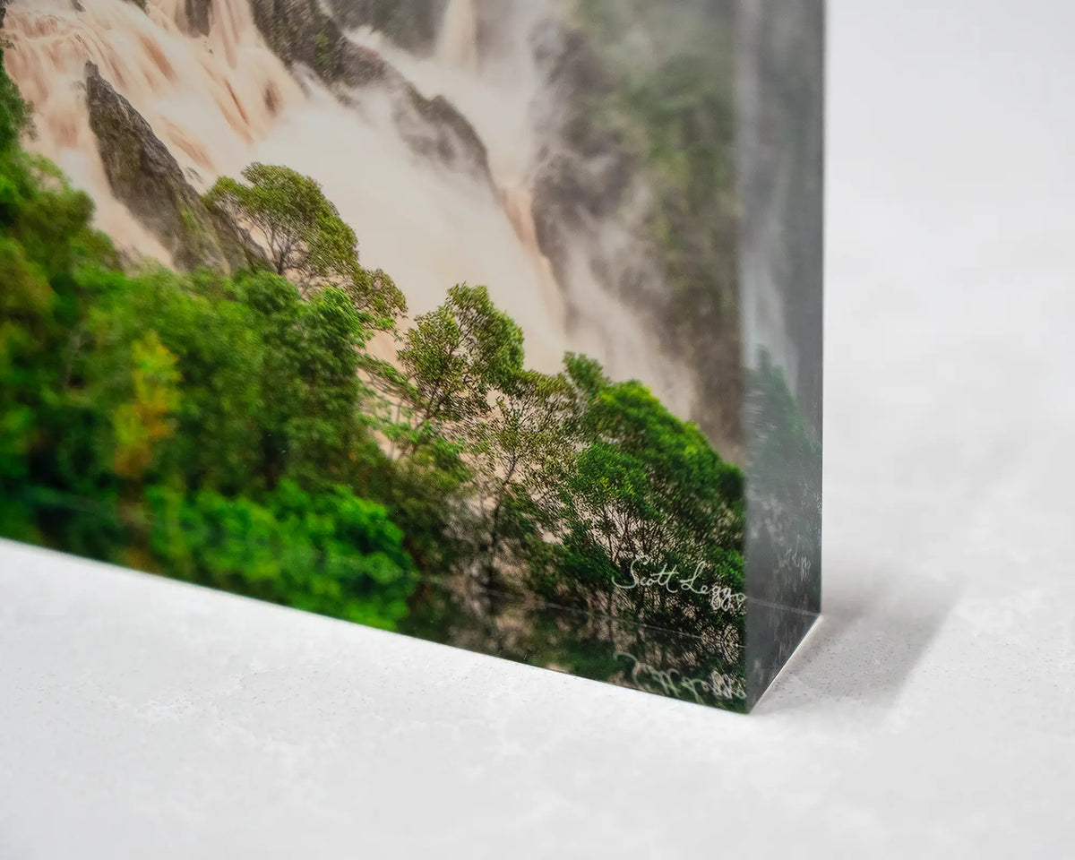Tropical Pour. Acrylic block Barron Falls, Queensland, corner close-up details.