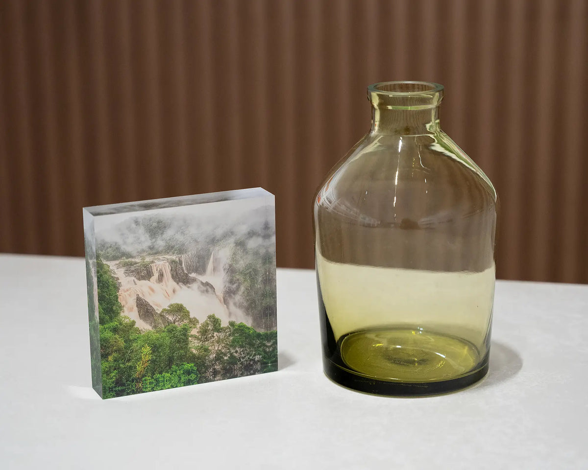 Tropical Pour. Acrylic block Barron Falls, Queensland, styled with glass vase.