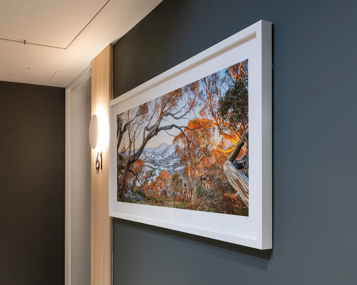 Twynam's View. Snow on Mount Twynam, Kosciuszko National Park, with white frame hung on grey wall in apartment building.