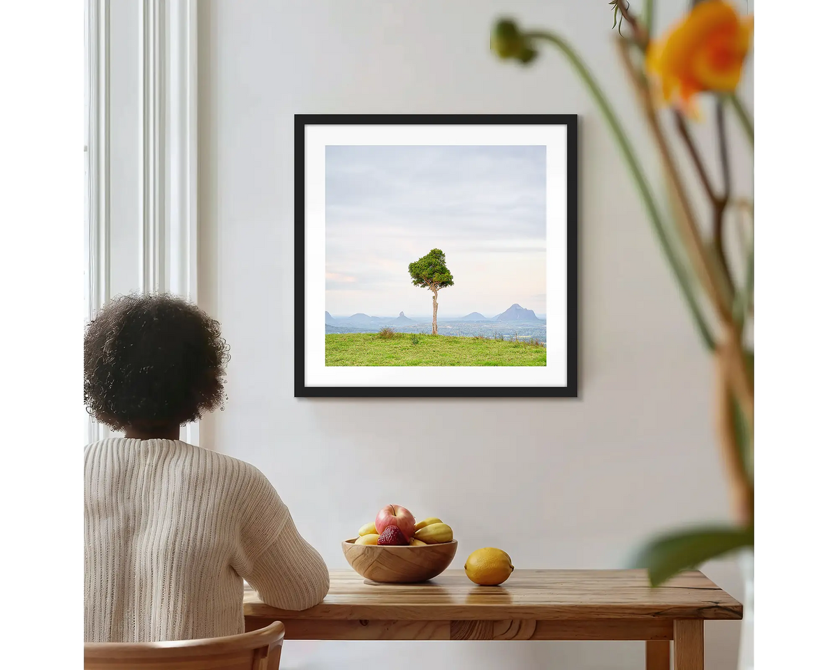 Unitary. Single tree Glass House Mountains, photographic wall art print with a black frame, hung on a kitchen wall with a woman admiring. 