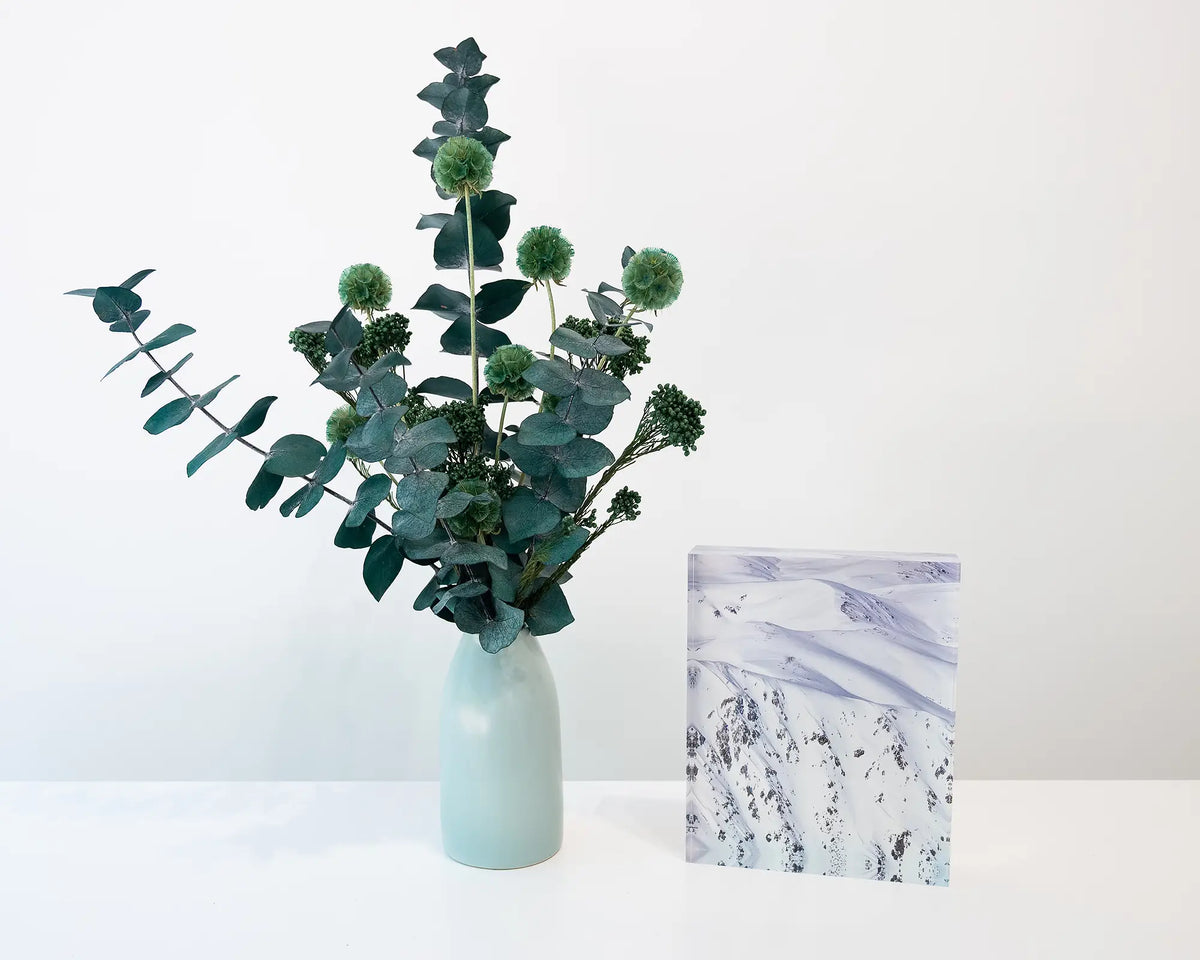 Unveiled. Acrylic block Main Range, Kosciuszko National Park, New South Wales, on shelf with floral arrangment.