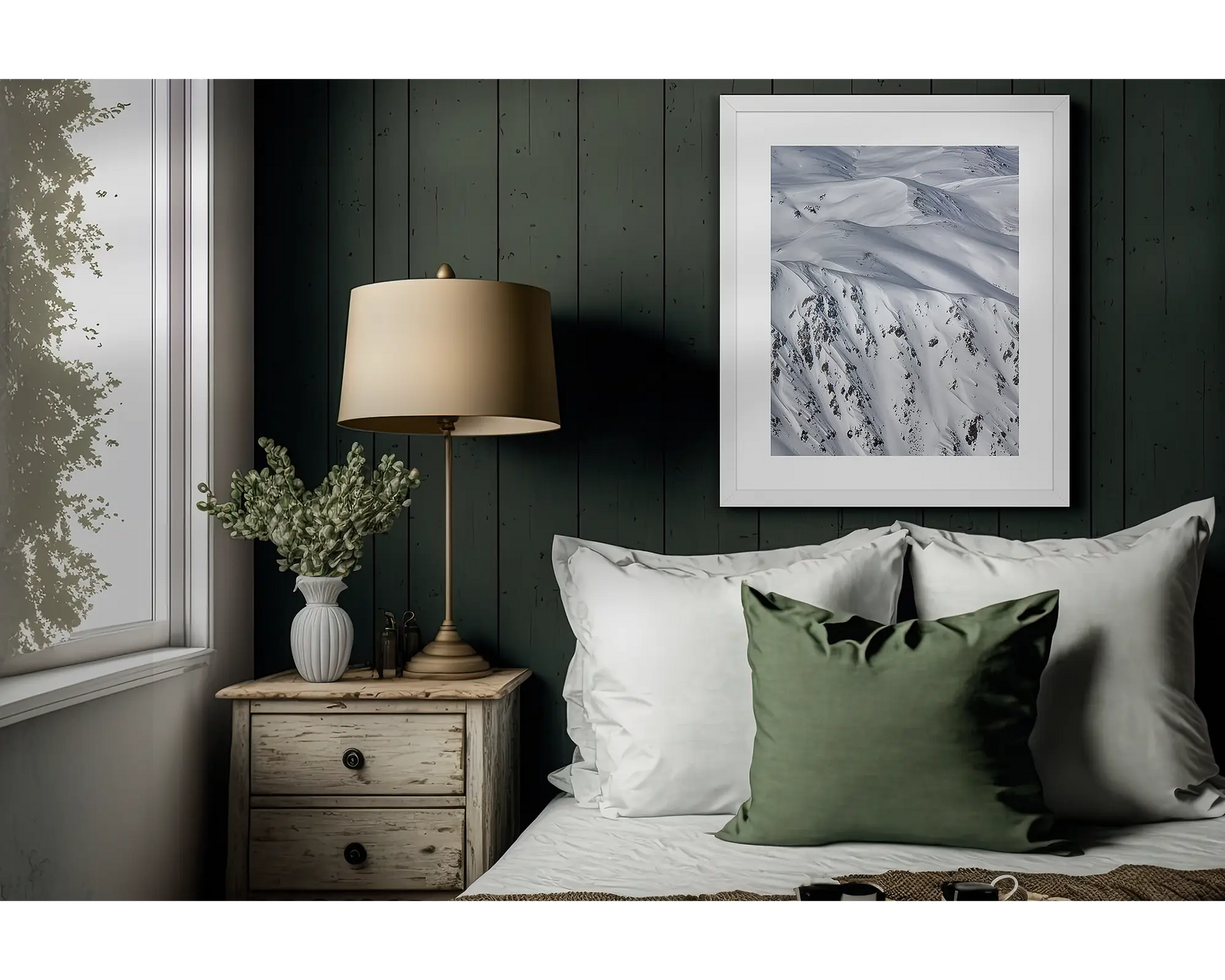 Framed abstract artwork of a snowy mountainous landscape.
