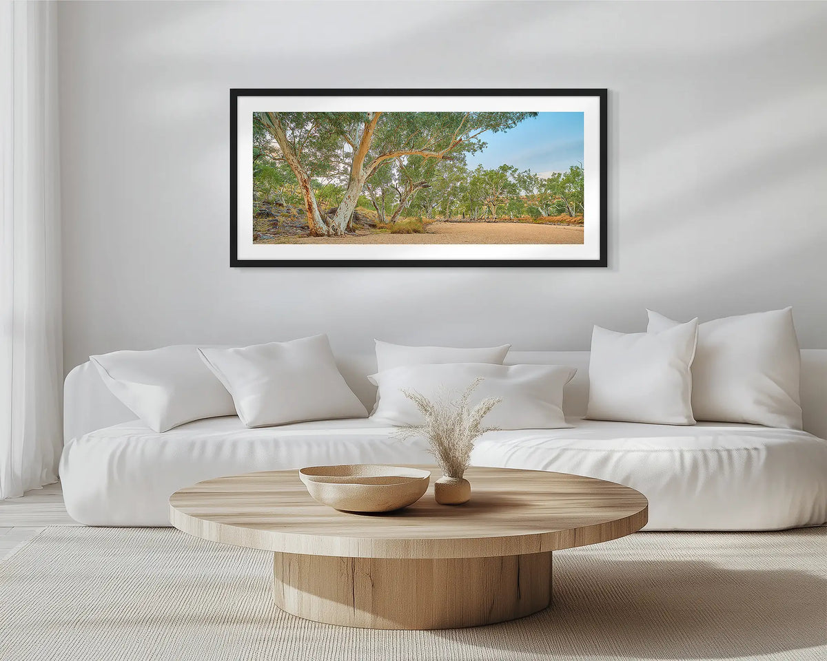 Waiting for the Rains. Black framed, outback wall art print, hung in a scandi-themed lounge room.
