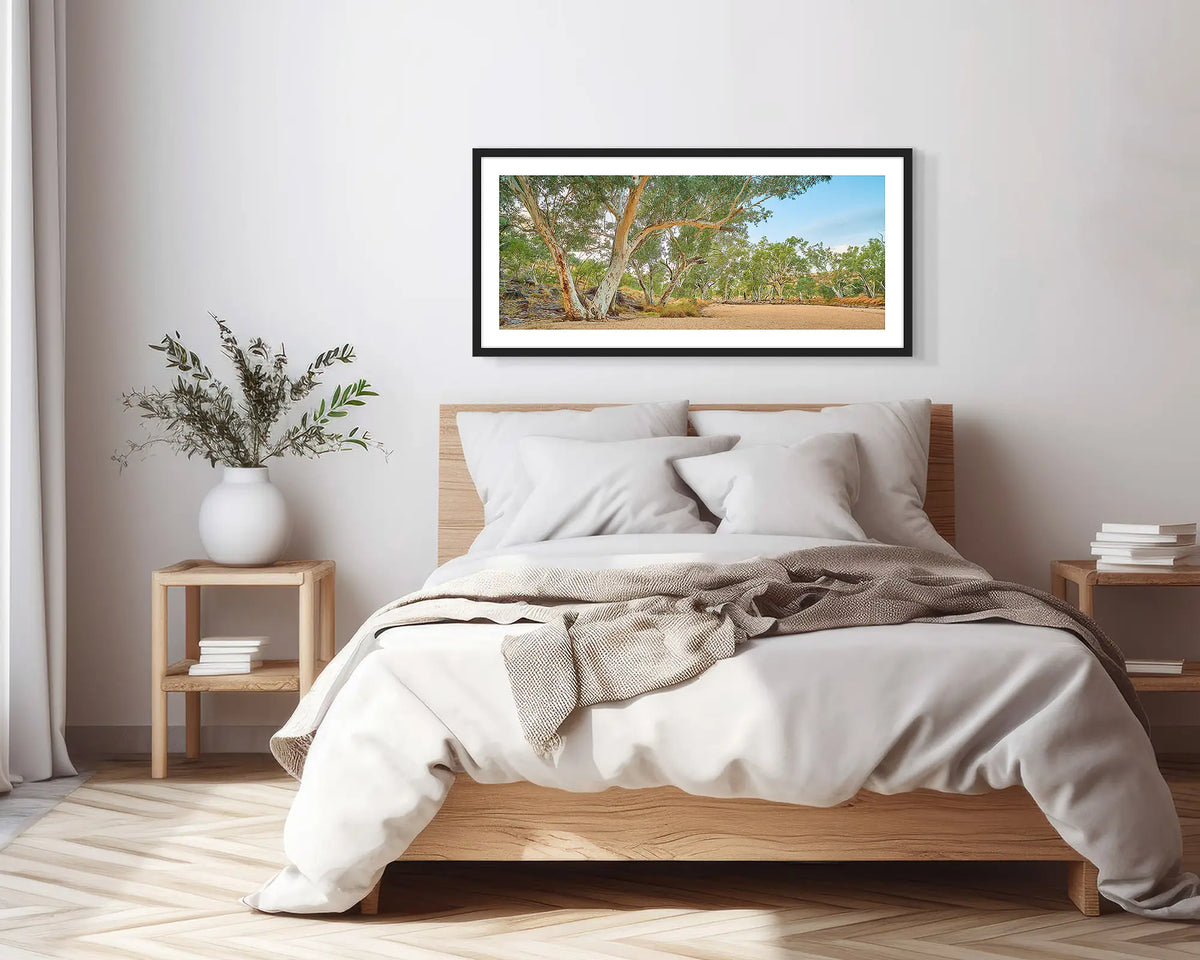 Waiting for the Rains. Black framed, outback wall art print, in a scandi-themed bedroom.