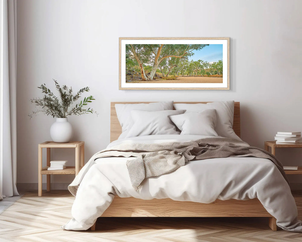Waiting for the Rains. Timber framed, outback wall art print, in a scandi-themed bedroom.