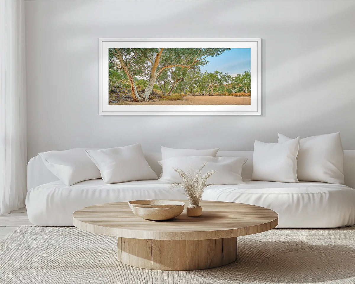 Waiting for the Rains. White framed, outback wall art print, hung in a scandi-themed lounge room.