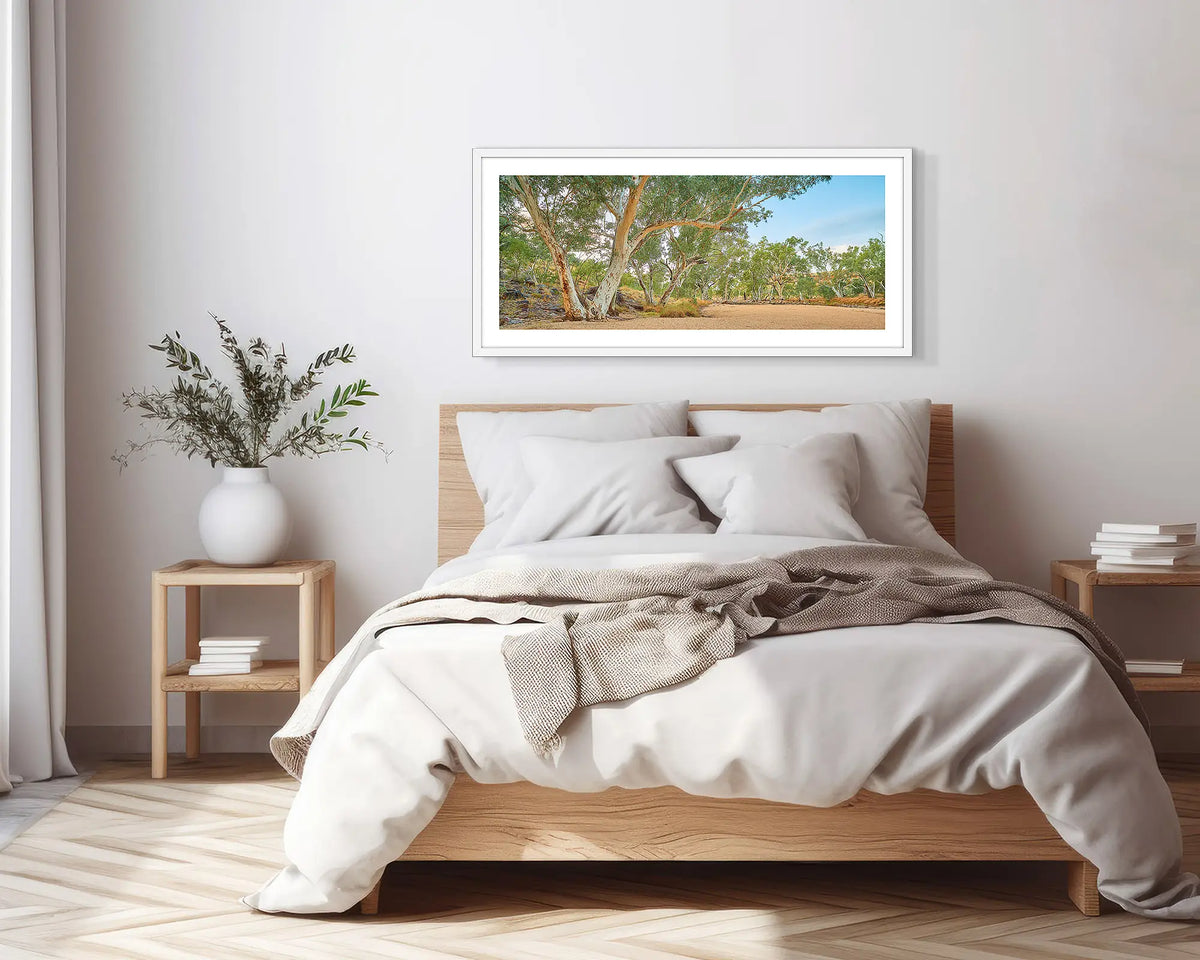 Waiting for the Rains. White framed, outback wall art print, in a scandi-themed bedroom.