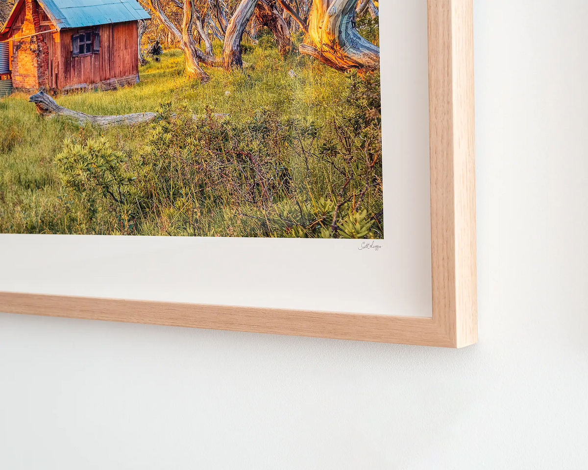 Waking Up. JB Hut High Country wall art framed in Tasmanian Oak frame.