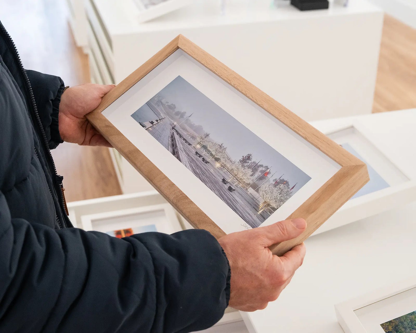 Framed photograph of a foggy morning at Waters Edge Restaurant on Lake Burley Griffin.