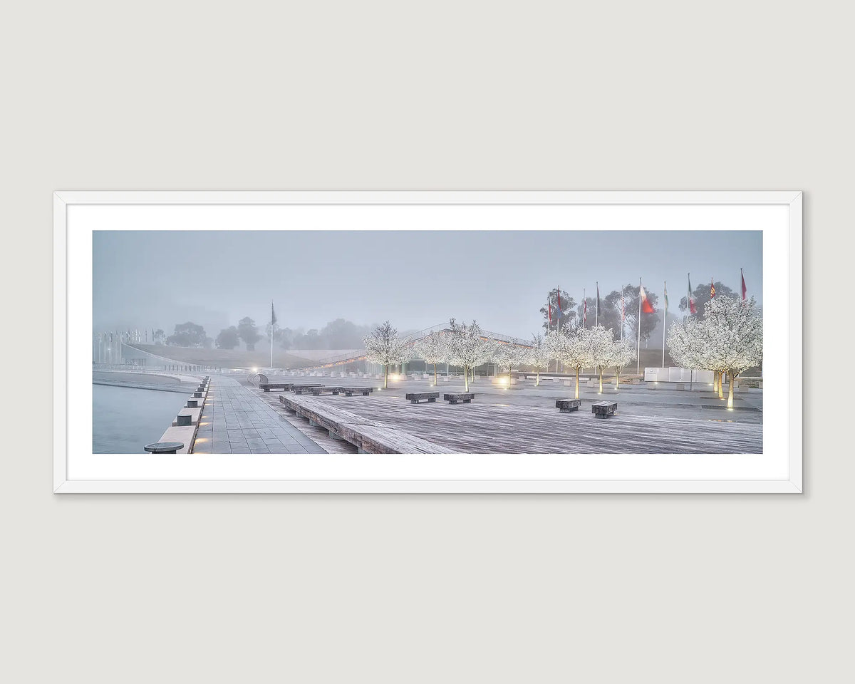 Framed photograph of a foggy morning at Waters Edge Restaurant on Lake Burley Griffin.