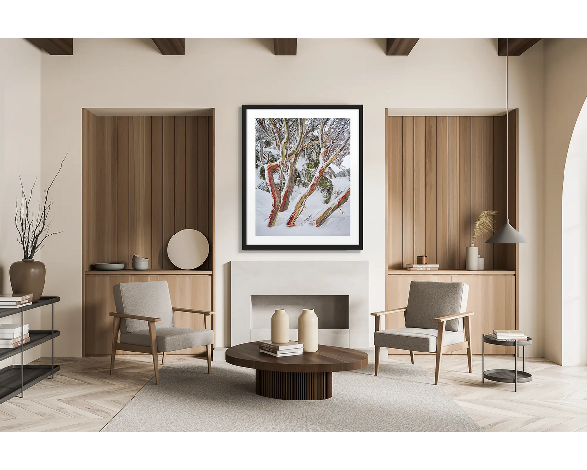 Weathered Reds. Framed wall art print of snow gums with red bark, covered in snow, with a black frame in a modern, scandi inspired apartment. 