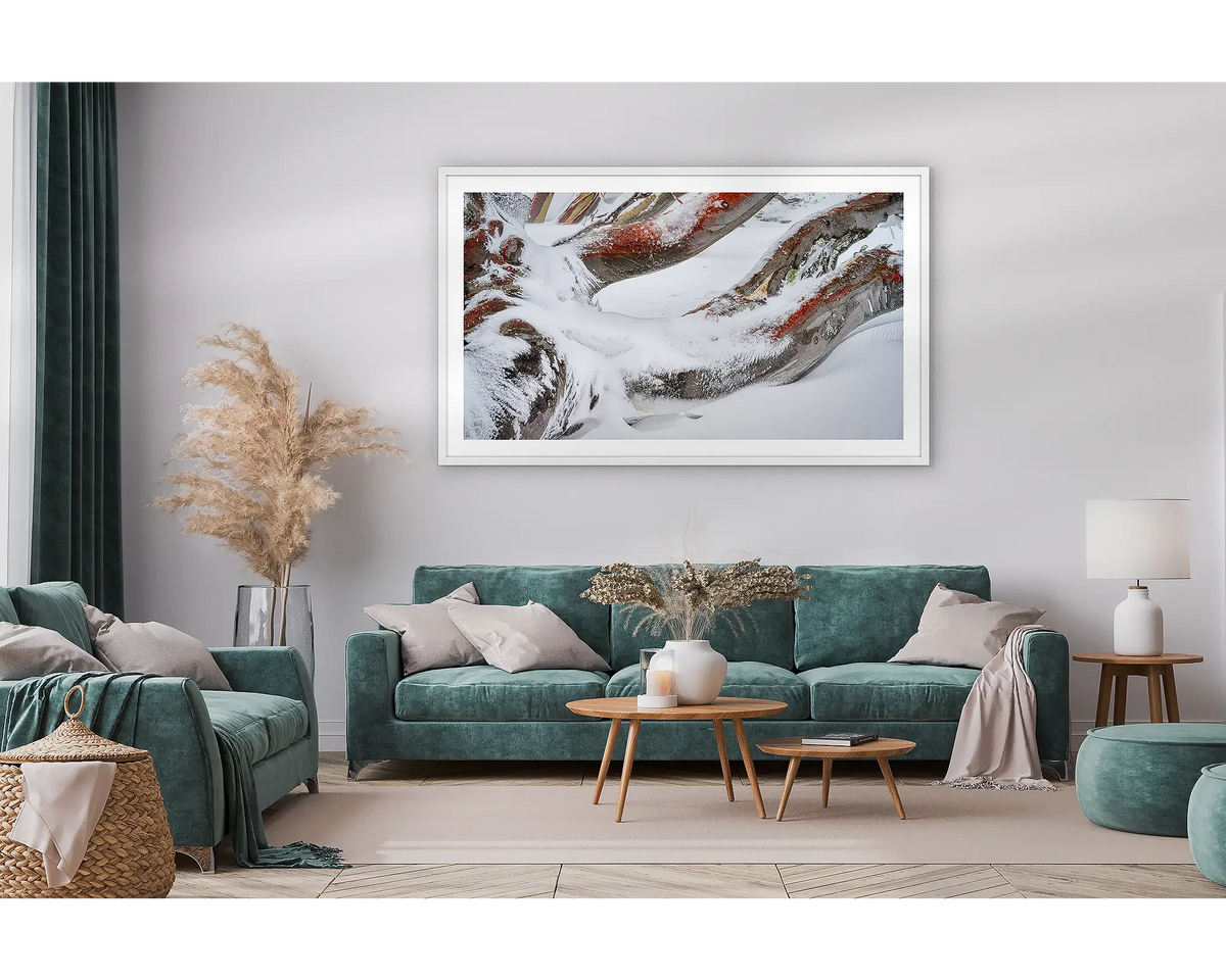 Weight. Framed wall art print of snow gum branches covered in snow, with a white frame hung in a lounge room. 