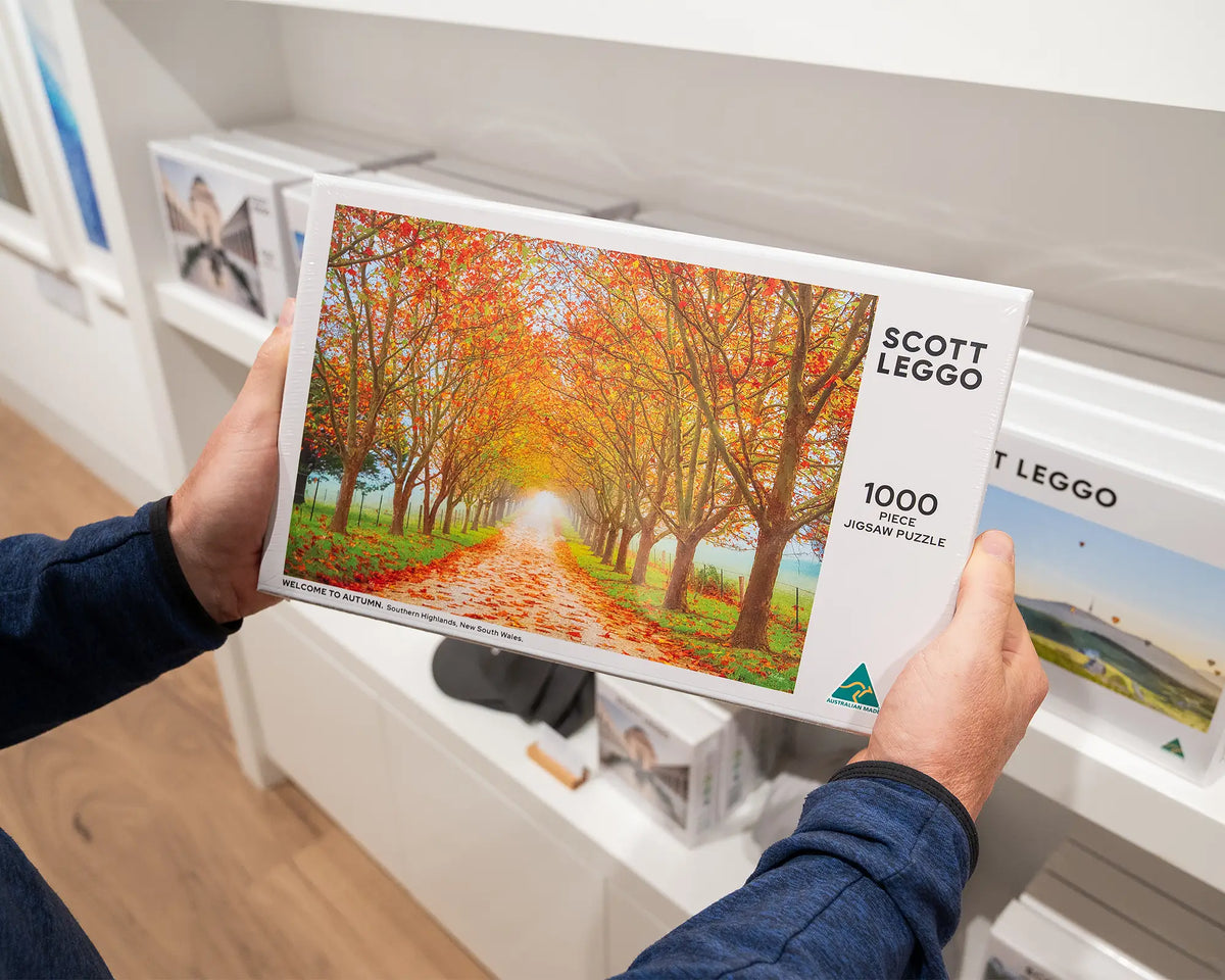 Welcome To Autumn. 1000 piece jigsaw puzzle of an Autumn tree lined driveway, Southern Highlands, held in hands.